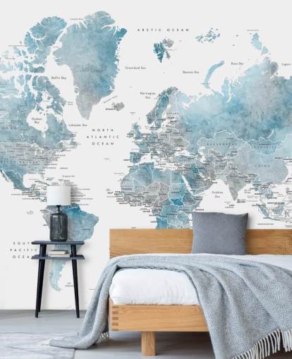 murale con mappa del mondo con capitali in blu