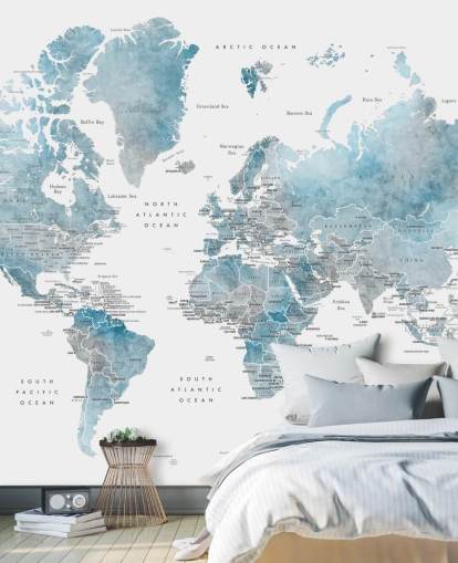 wereldkaart muurschildering met hoofdsteden in blauw