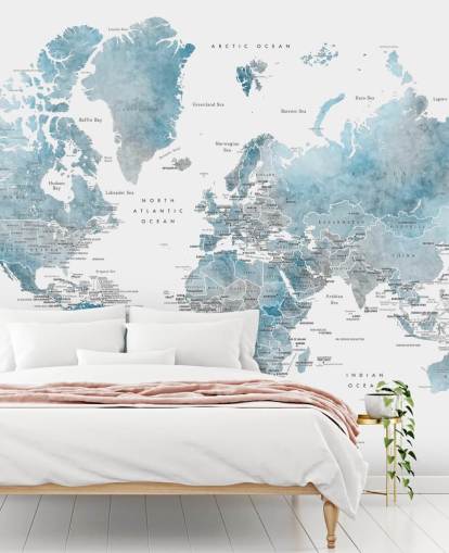 Weltkarten-Wandbild mit Hauptstädten in Blau