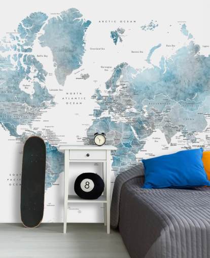 wereldkaart muurschildering met hoofdsteden in blauw