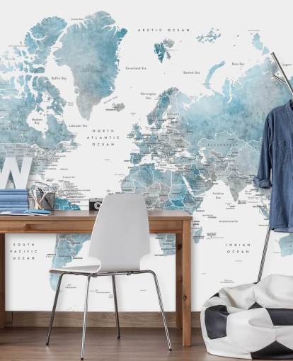 wereldkaart muurschildering met hoofdsteden in blauw