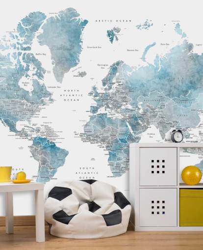 Weltkarten-Wandbild mit Hauptstädten in Blau Weltkarten-Wandbild mit Hauptstädten in Blau