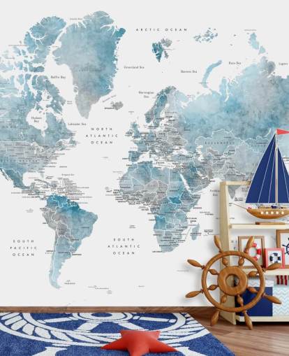 mural do mapa-múndi com capitais em azul