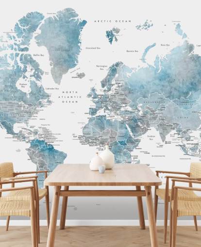 Weltkarten-Wandbild mit Hauptstädten in Blau Weltkarten-Wandbild mit Hauptstädten in Blau