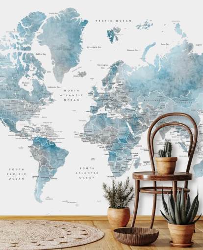 wereldkaart muurschildering met hoofdsteden in blauw