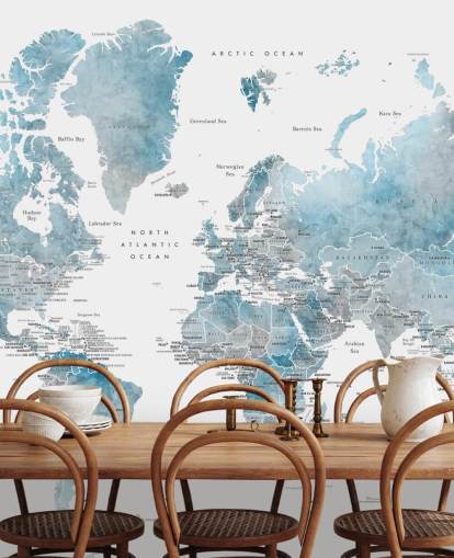 wereldkaart muurschildering met hoofdsteden in blauw wereldkaart muurschildering met hoofdsteden in blauw