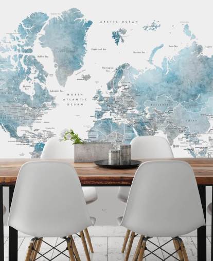 wereldkaart muurschildering met hoofdsteden in blauw