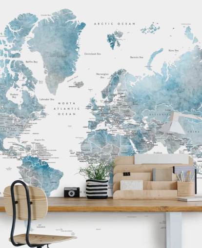 peinture murale de la carte du monde avec les capitales en bleu