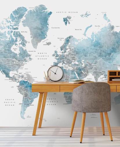 world map mural with capital cities in blue