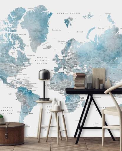 peinture murale de la carte du monde avec les capitales en bleu