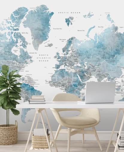 wereldkaart muurschildering met hoofdsteden in blauw