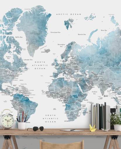 world map mural with capital cities in blue
