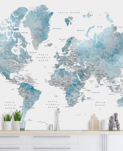 world map mural with capital cities in blue
