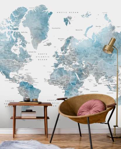 world map mural with capital cities in blue world map mural with capital cities in blue