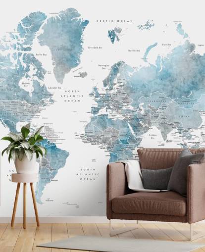 murale con mappa del mondo con capitali in blu murale con mappa del mondo con capitali in blu