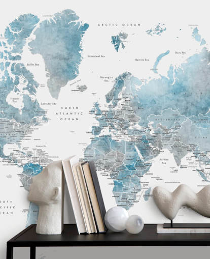 world map mural with capital cities in blue