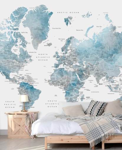 world map mural with capital cities in blue