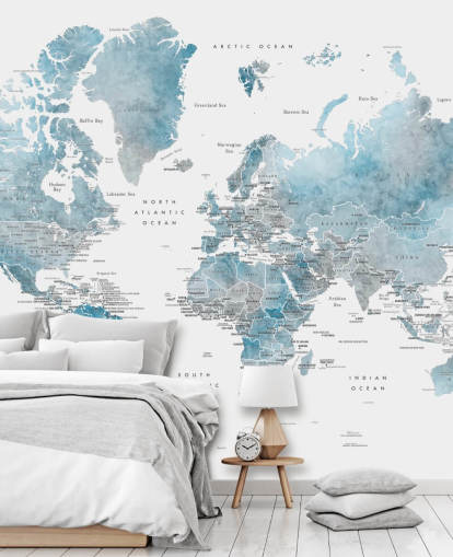 Weltkarten-Wandbild mit Hauptstädten in Blau