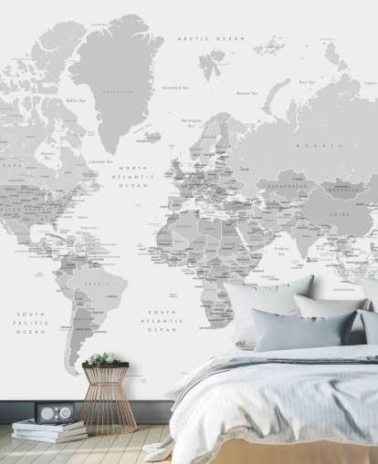 world map mural with capital cities in grey