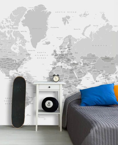 murale con mappa del mondo con capitali in grigio