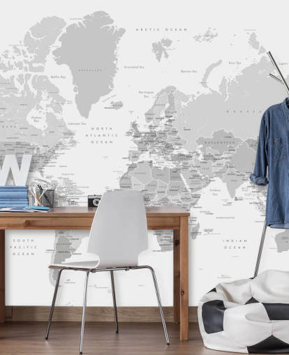 murale con mappa del mondo con capitali in grigio