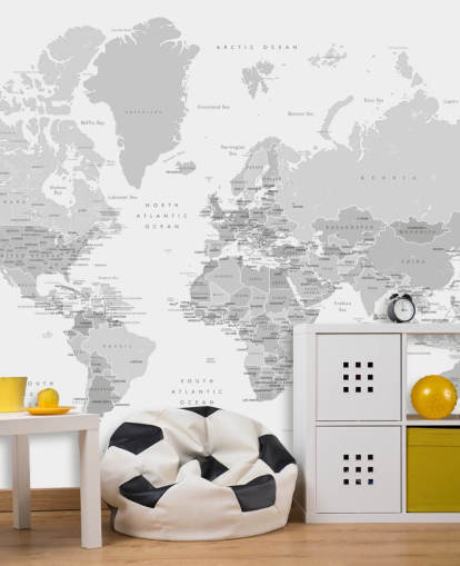 world map mural with capital cities in gray