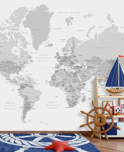 world map mural with capital cities in gray