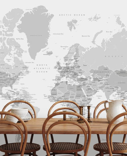 world map mural with capital cities in gray