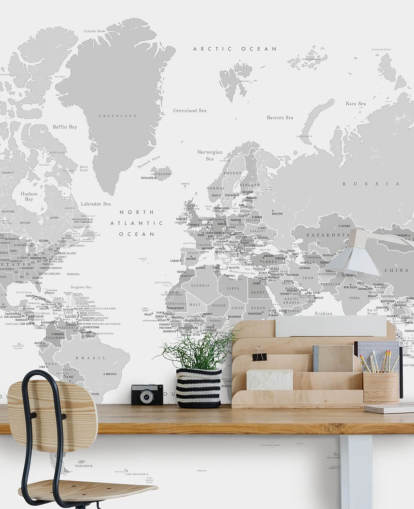 Weltkarten-Wandbild mit Hauptstädten in Grau