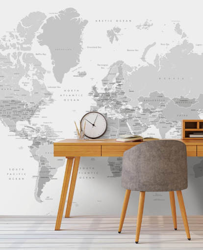 world map mural with capital cities in grey