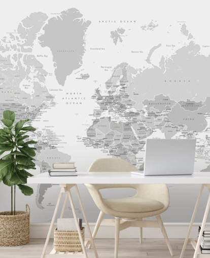 world map mural with capital cities in grey