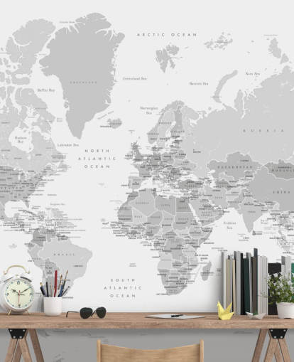 peinture murale de la carte du monde avec les capitales en gris