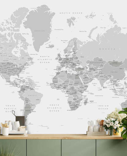 mural de mapa del mundo con capitales en gris