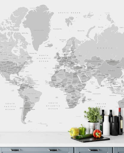 peinture murale de la carte du monde avec les capitales en gris