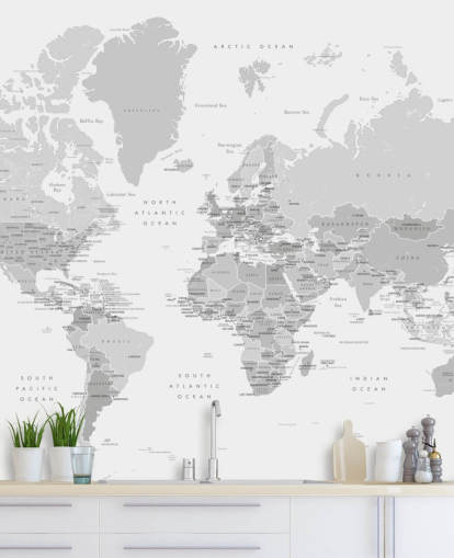 world map mural with capital cities in grey