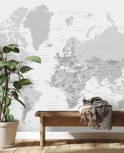 mural de mapa del mundo con capitales en gris