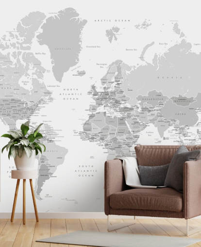 Weltkarten-Wandbild mit Hauptstädten in Grau