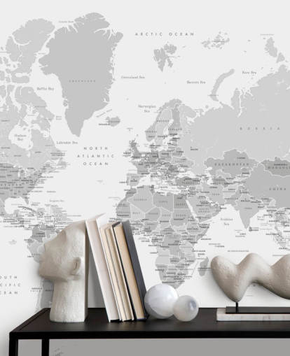 world map mural with capital cities in grey