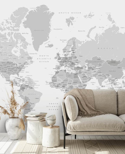 world map mural with capital cities in grey