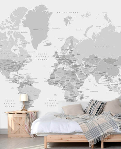 world map mural with capital cities in gray