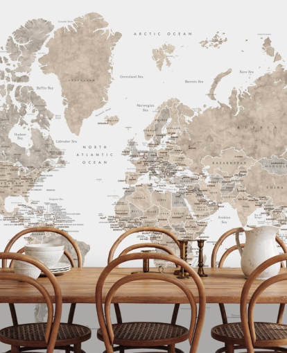 mapa mundial con capitales en colores neutros