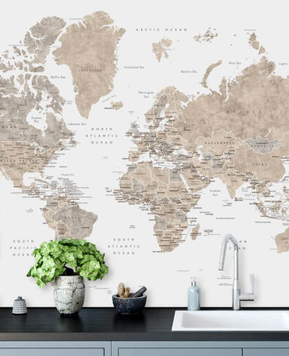 world map with capital cities in neutral colors