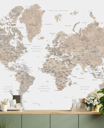 mappa del mondo con capitali in colori neutri