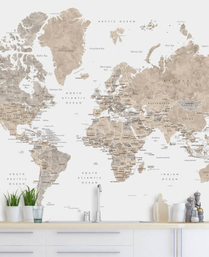 mapa mundial con capitales en colores neutros