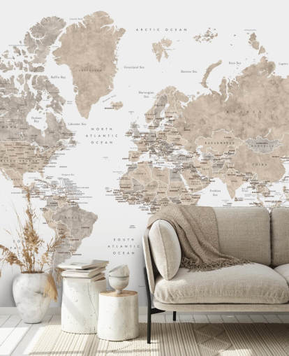 world map with capital cities in neutral colors