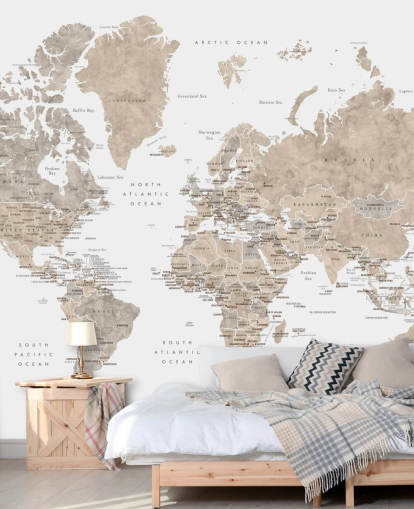 mappa del mondo con capitali in colori neutri