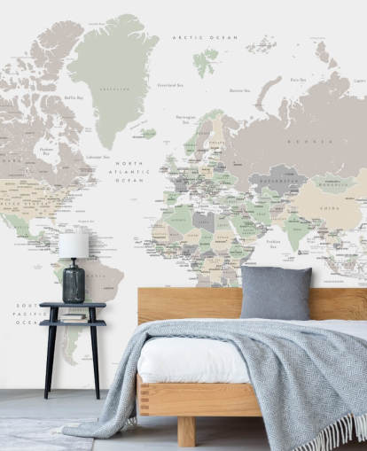 world map wall mural with capital cities in pastel colors