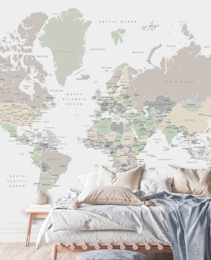 mural de parede do mapa-múndi com capitais em tons pastel