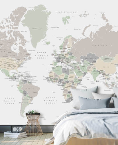 fresque murale de la carte du monde avec les capitales aux couleurs pastel