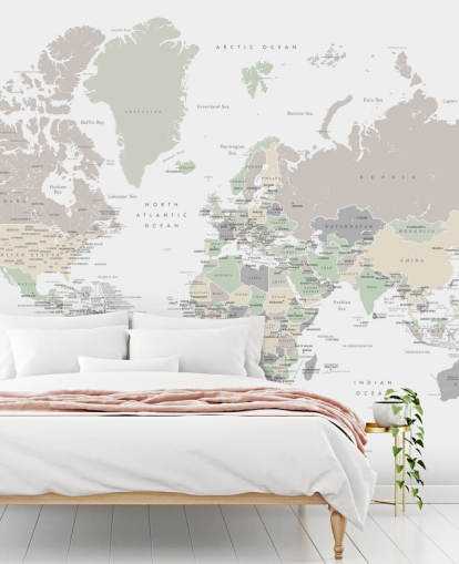 world map wall mural with capital cities in pastel colours